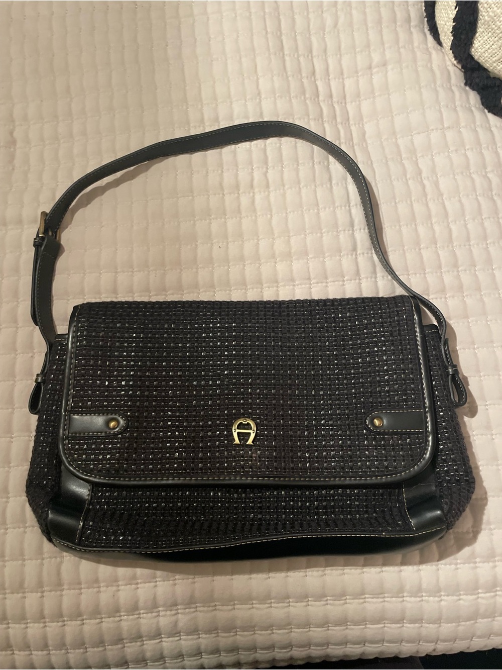 Vintage Etienne Aigner Black Woven Leather Shoulder Bag with Gold Accent